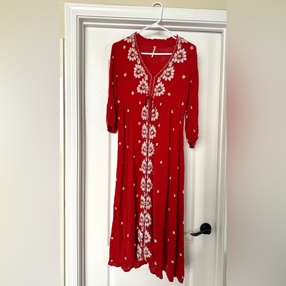 Free People Emroidered Red Boho Dress